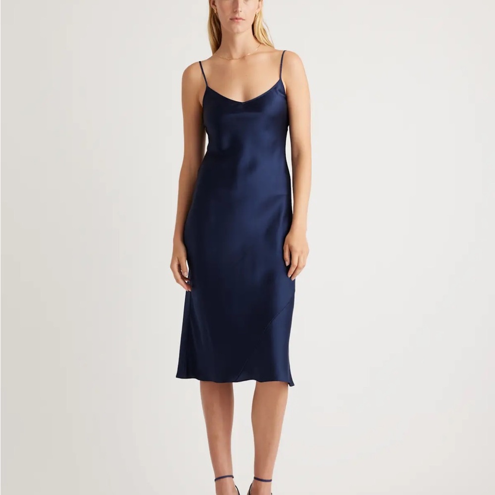 Quince Navy Satin Slip Midi Dress with Spaghetti Straps